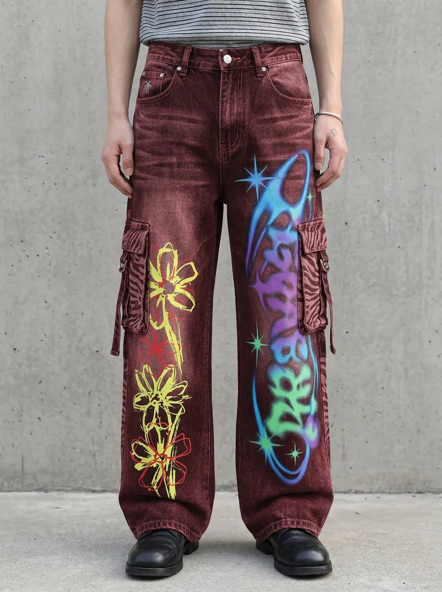 Men's Floral Graffiti Zebra Cargo Jeans