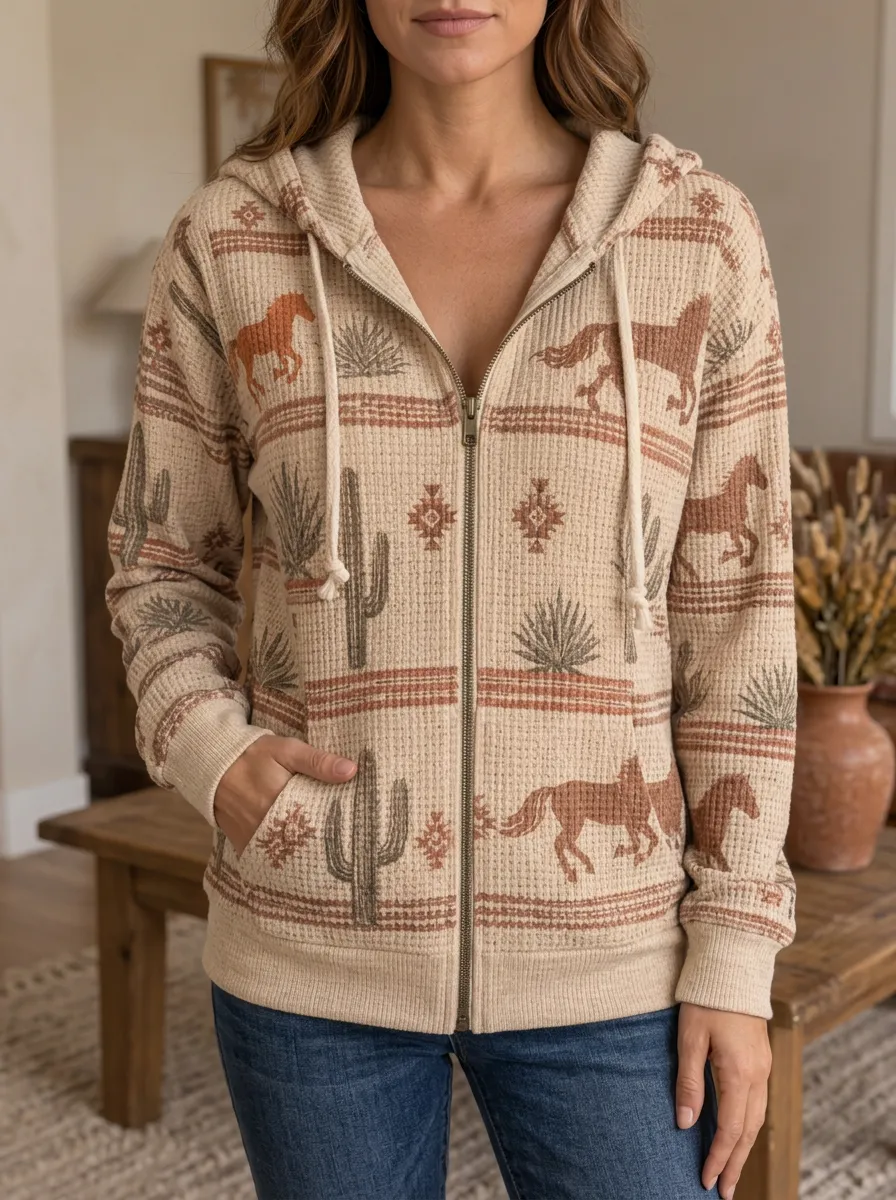 Women's Western Horse Cactus Print Waffle Knit Zip Hoodie