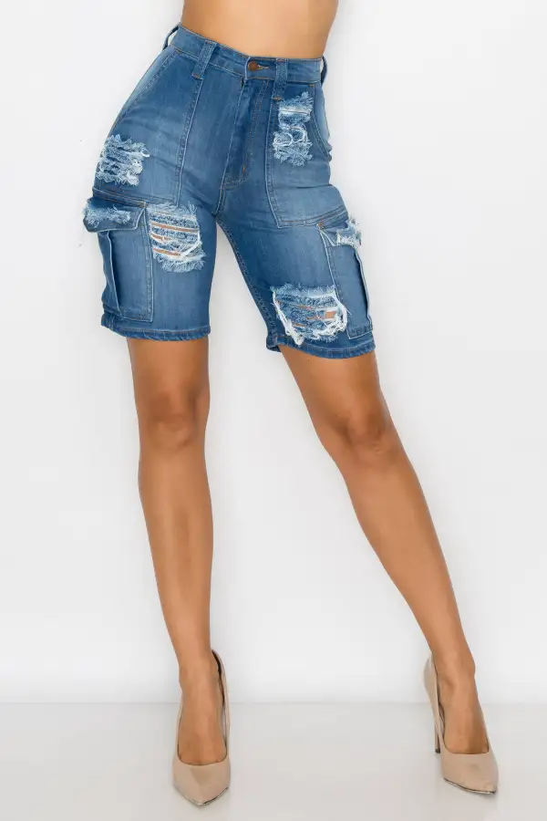 High-Rise Denim Cargo Shorts