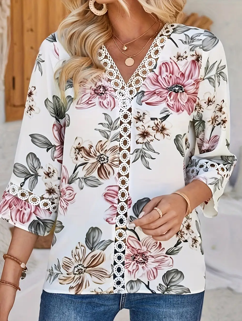 V-Neck Lace Flare Sleeve Top