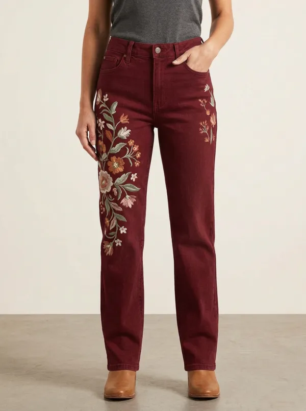 Women's Floral Lover Botanical Embroidered Printed Straight Jeans