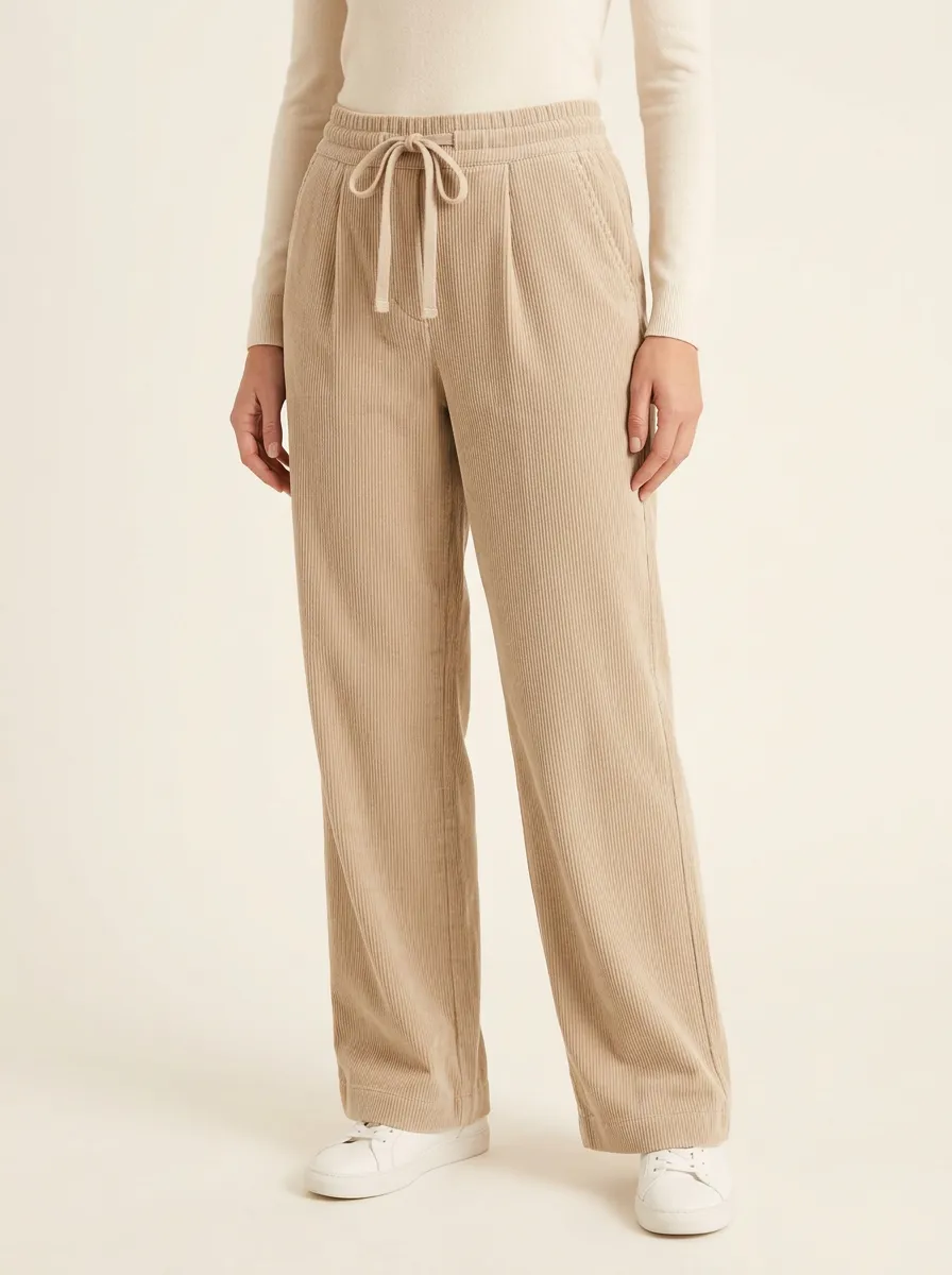 Women's Pleated Drawstring Straight-Leg Corduroy Pants