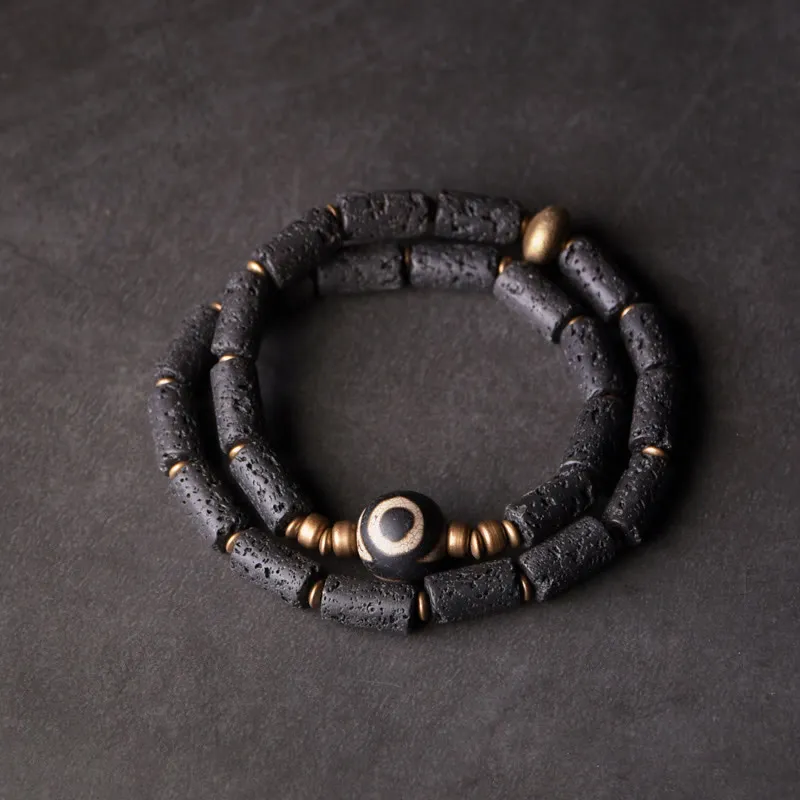 Vintage Lava Rock Eyed Dzi Bead Copper Bracelet