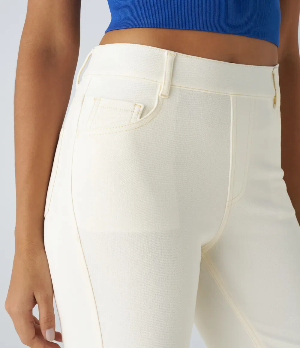 Magic High Waisted Multiple Pockets Straight Leg Washed Stretchy Knit Casual Jeans