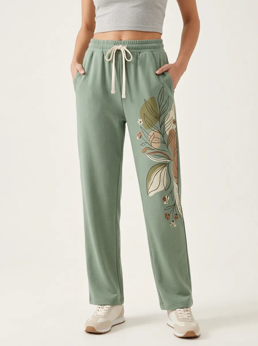 Women's Botanical Art Sage Green Floral Graphic Sweatpants