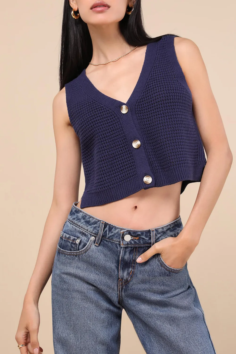 Knit Button-Front Cropped Tank Top