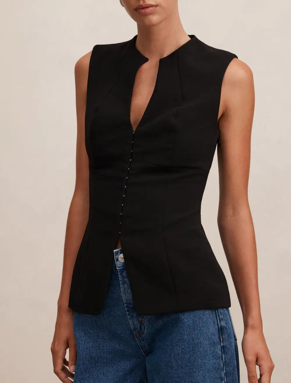 Black Tailored V-Neck Sleeveless Button Top