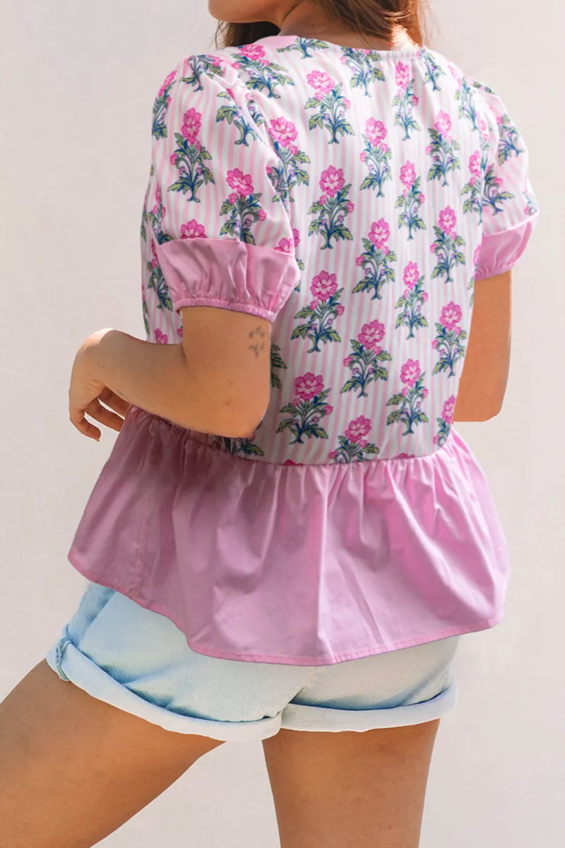 Everyday Striped Floral Ruffled Blouse