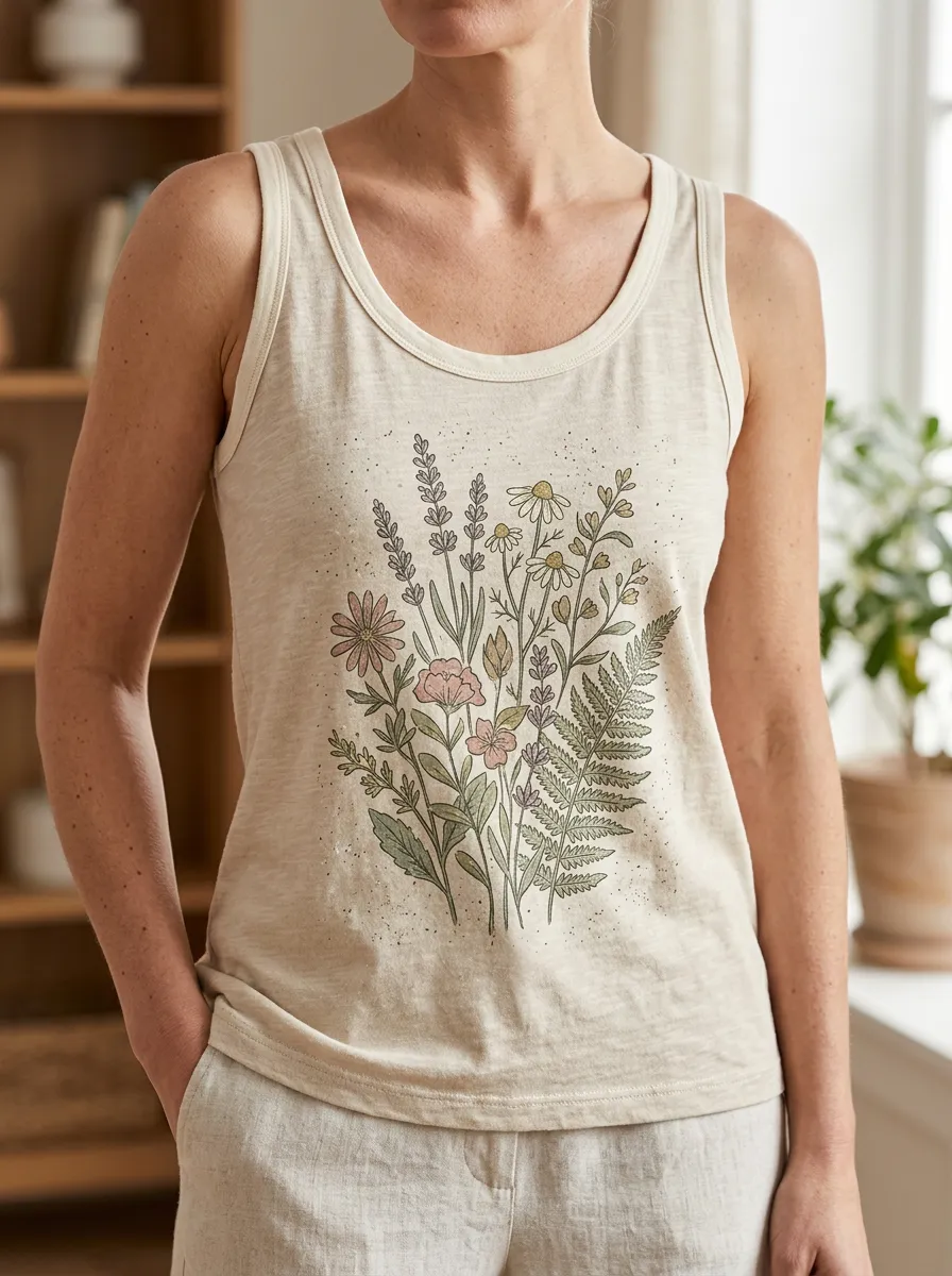 Women's Botanical Lover Wildflower Fern Printed Tank Top
