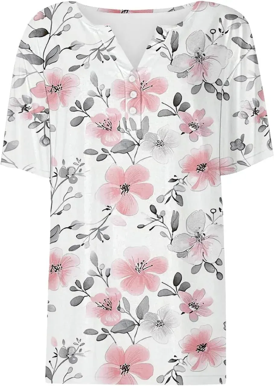 Shirts for Women Casual Printed Summer Tops Short-Sleeved Button V-Neck Tops Blouse Fashion Boho T-Shirts