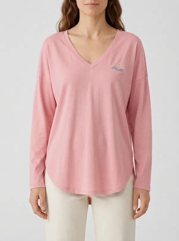 Women's Dropped-Shoulder Curved-Hem V-Neck Long-Sleeve T-Shirt with Sailboat Embroidery