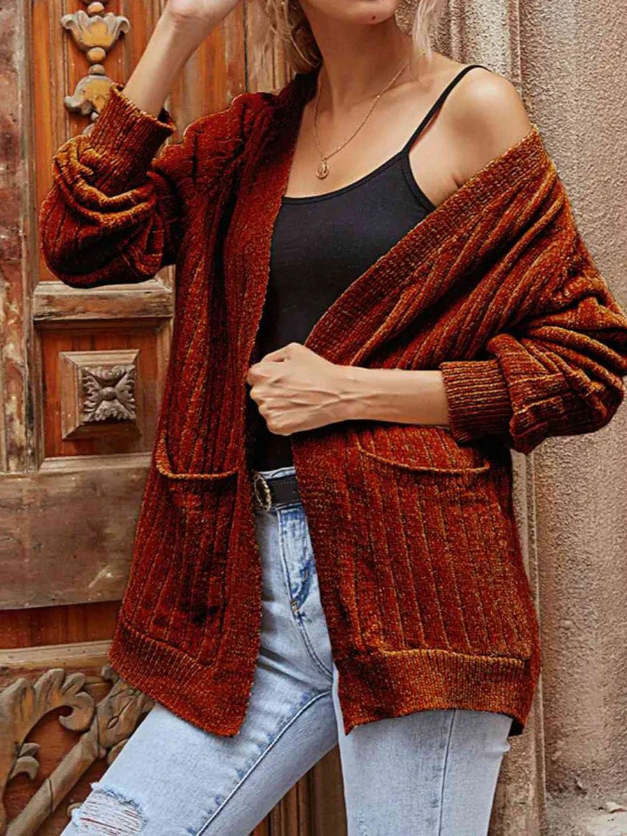 Ribbed Open-Front Long-Sleeve Cardigan with Pockets