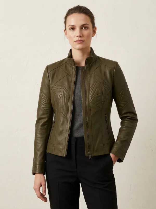 Geometric Quilted Stitched Leather-Look Jacket