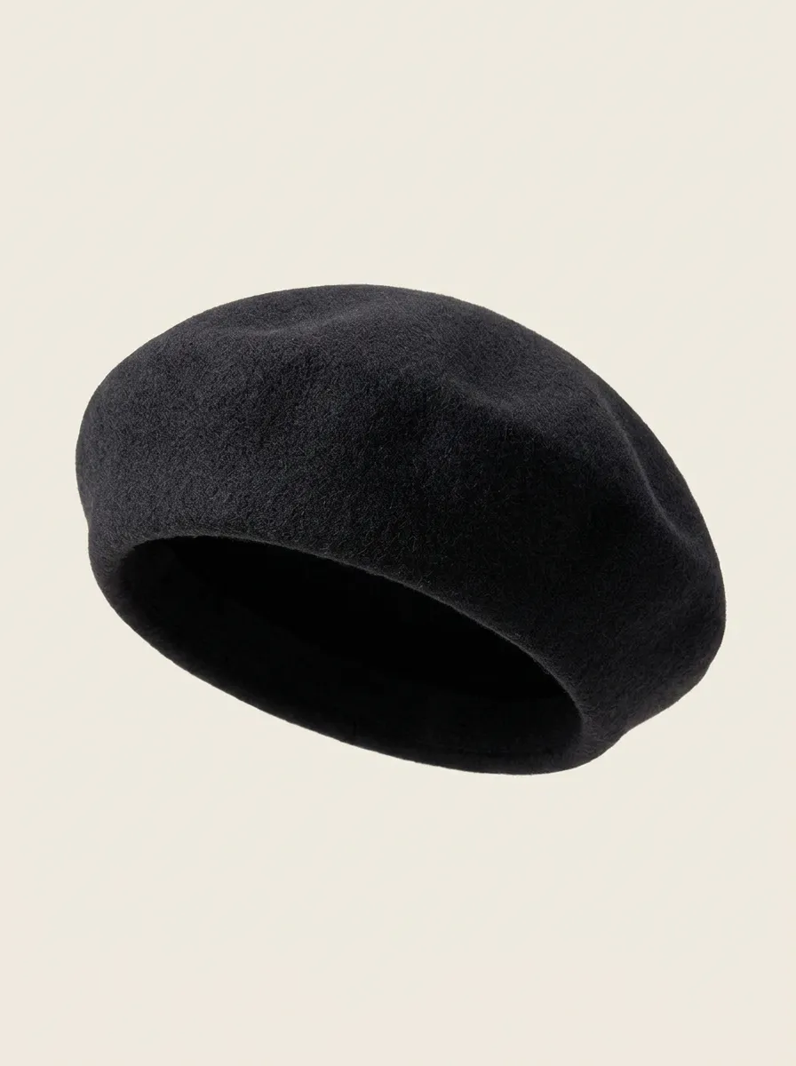 Unisex Minimalist Black Wool-Blend Beret