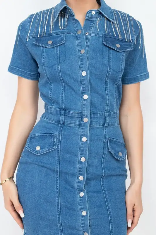 Rhinestone Accent Denim Mini Dress