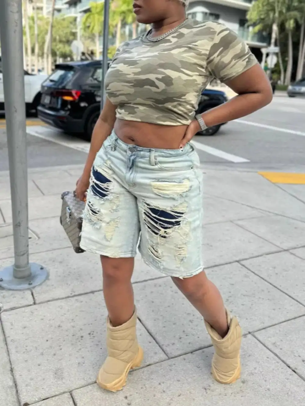 Raw-Hem Distressed Bermuda Cotton Denim Shorts