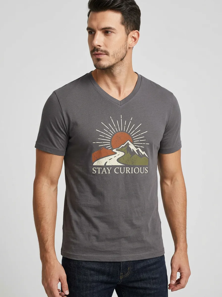 Men's Adventure Nature Lover Stay Curious Mountain Sun Printed V-Neck T-Shirt