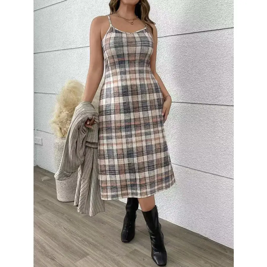 Plaid Dress & Ribbed Knit Cardigan Set