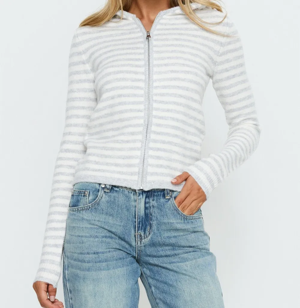 Gray and Cream Striped Zip-Up Knit Hoodie