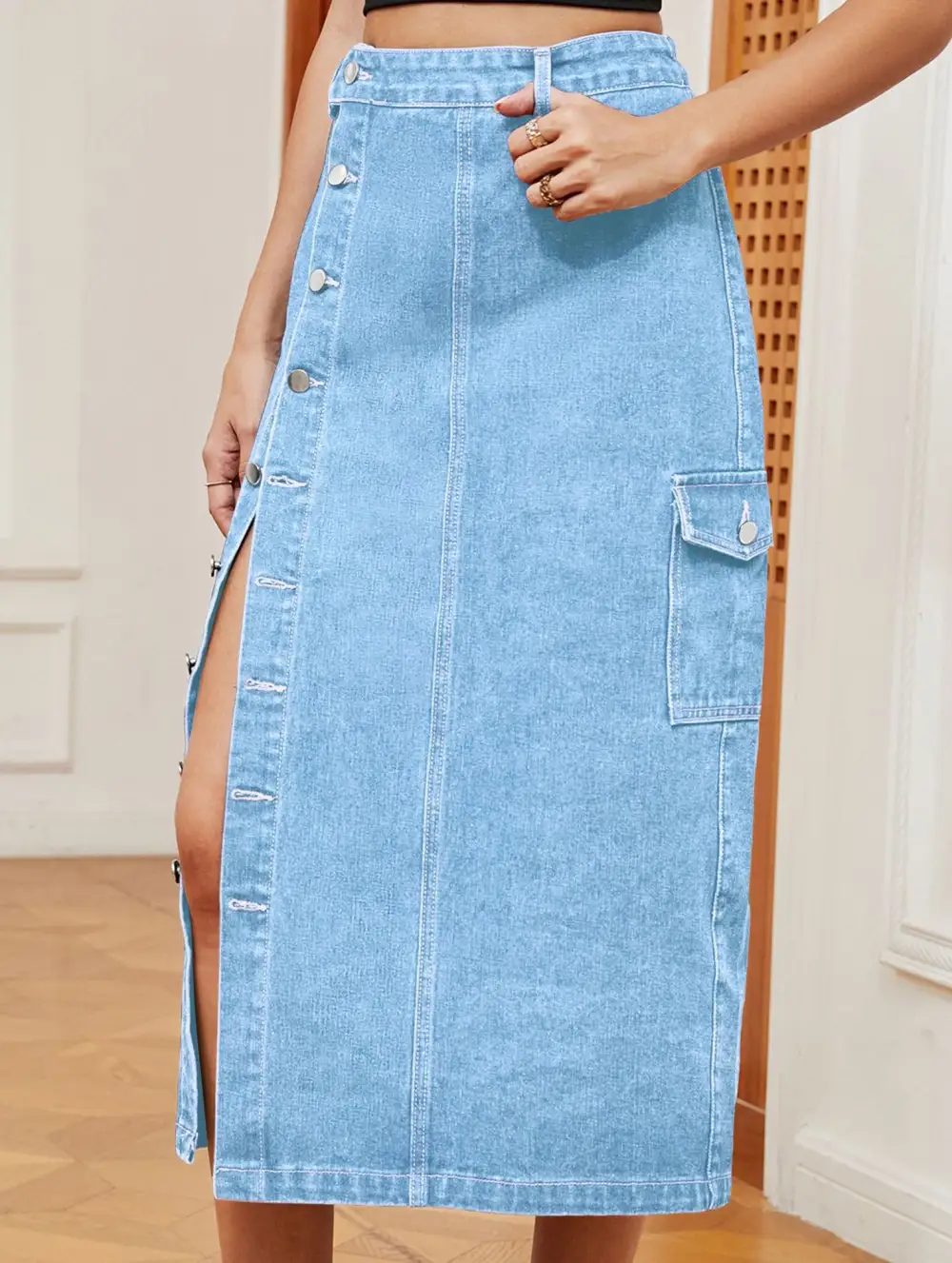 Denim Elastic Waist Midi Skirt