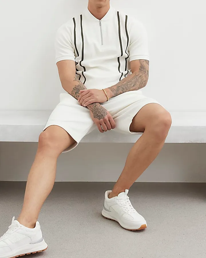 Men's White Slim Fit Striped Zip-Neck Polo Shirt