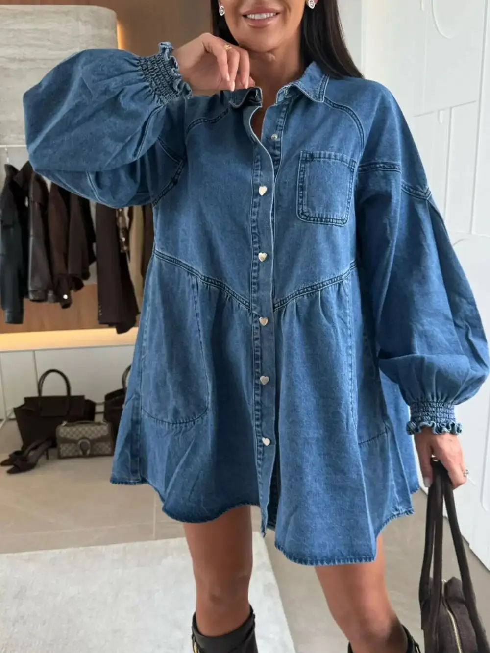 Denim Button Front Pocketed Mini Dress