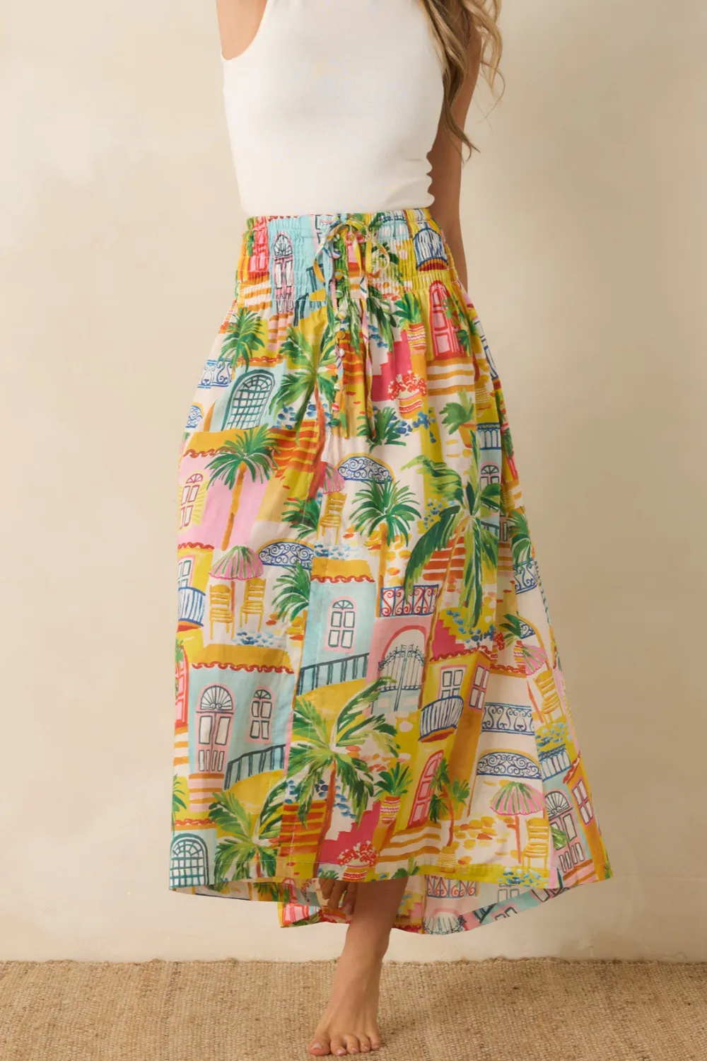 Coastal Village Print Cotton Maxi Skirt