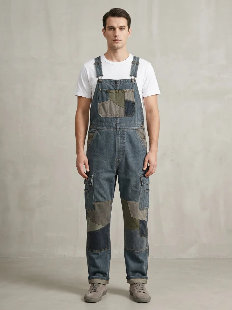 Patchwork Denim Cargo Patchwork Detail Overalls