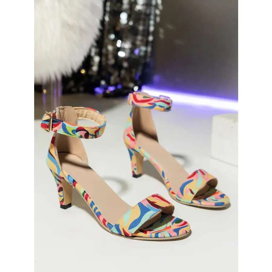 Rainbow Metallic Block Heel Ankle Strap Sandals