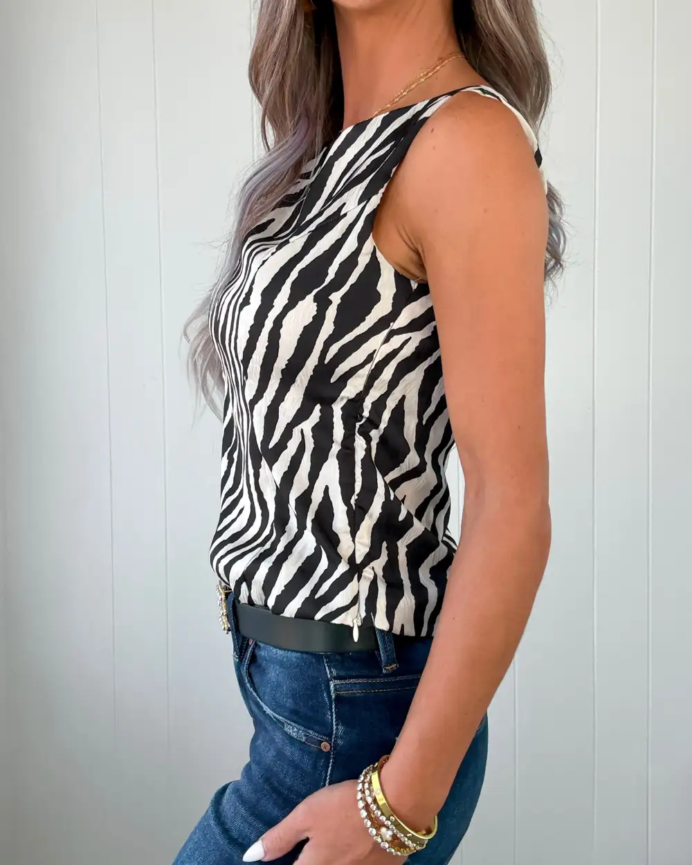 Zebra-Print Satin Sleeveless Blouse