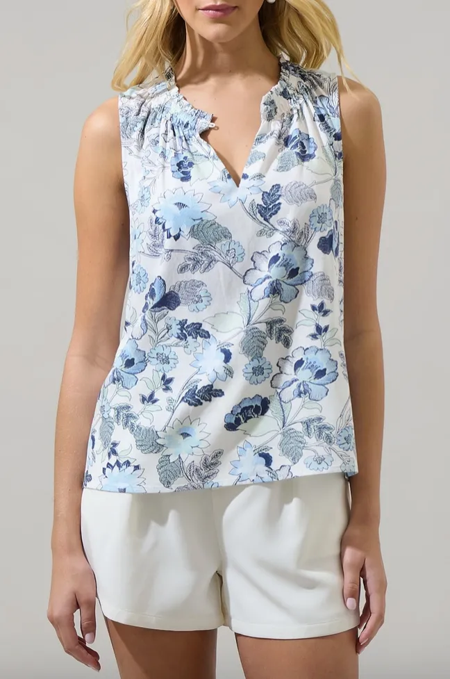 Blue Floral Smock Neck Sleeveless Top
