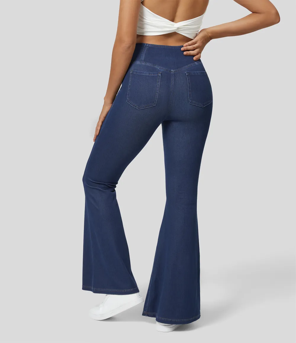 Magic High Waisted Crossover Pocket Cool Touch Washed Stretchy Knit Casual Super Flare Jeans