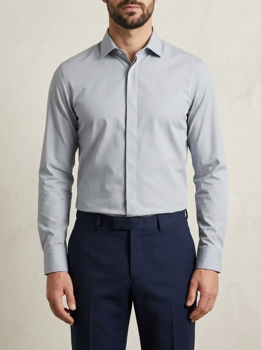 Men's Non-Iron Cotton Solid Light Grey Long Sleeve Dress Shirt