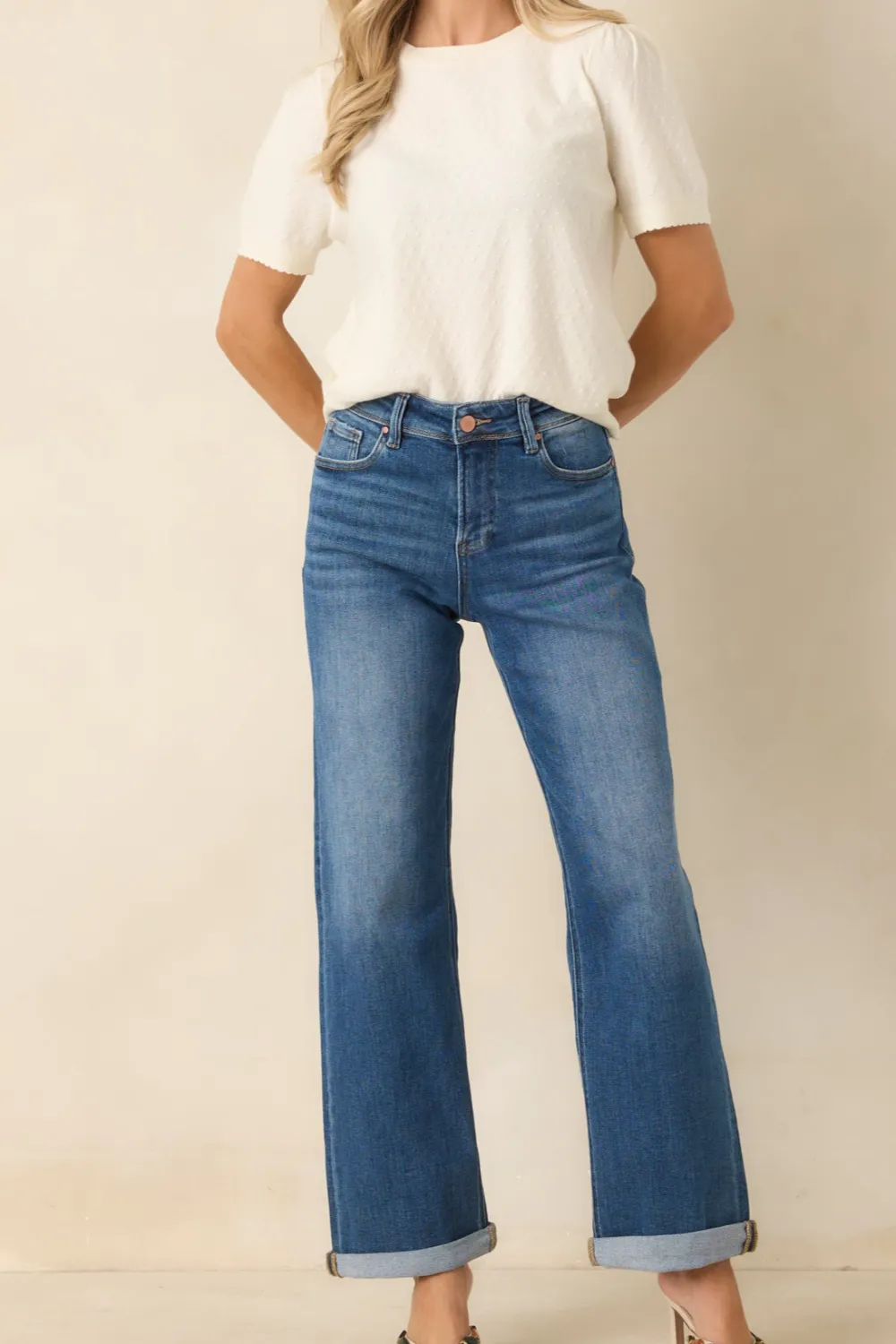 Roll Medium Wash High Rise Cuffed Straight Leg Jeans
