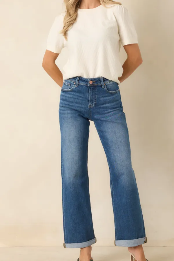 Roll Medium Wash High Rise Cuffed Straight Leg Jeans