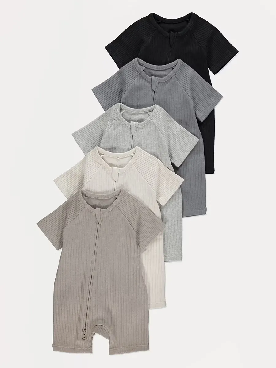 Neutral Ribbed Zip Fasten Rompers 5 Pack