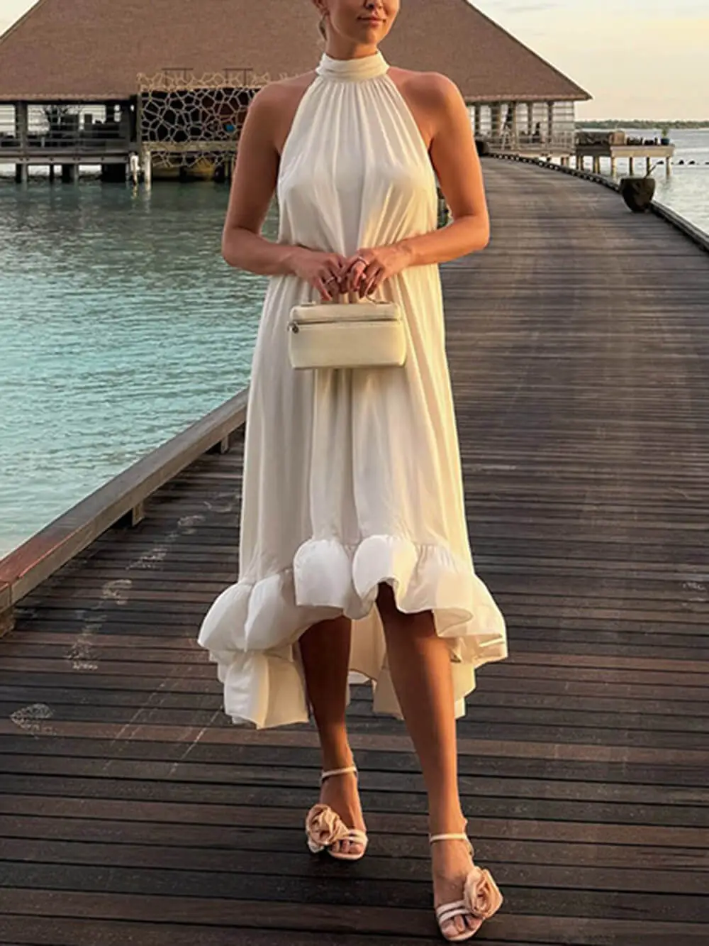 Elegant Ruffled Halter Neck Sleeveless Midi Dress