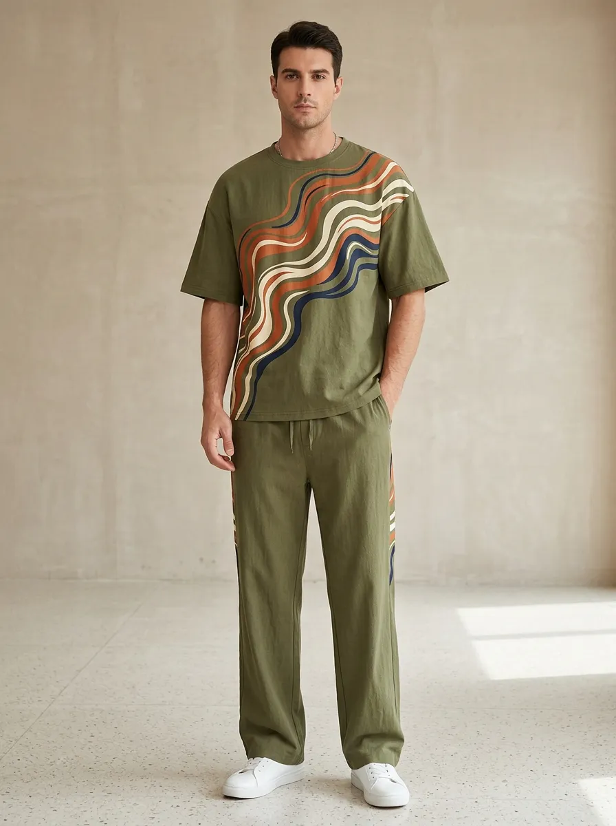 Men's Olive Wavy Stripe Pattern Printed Casual Set