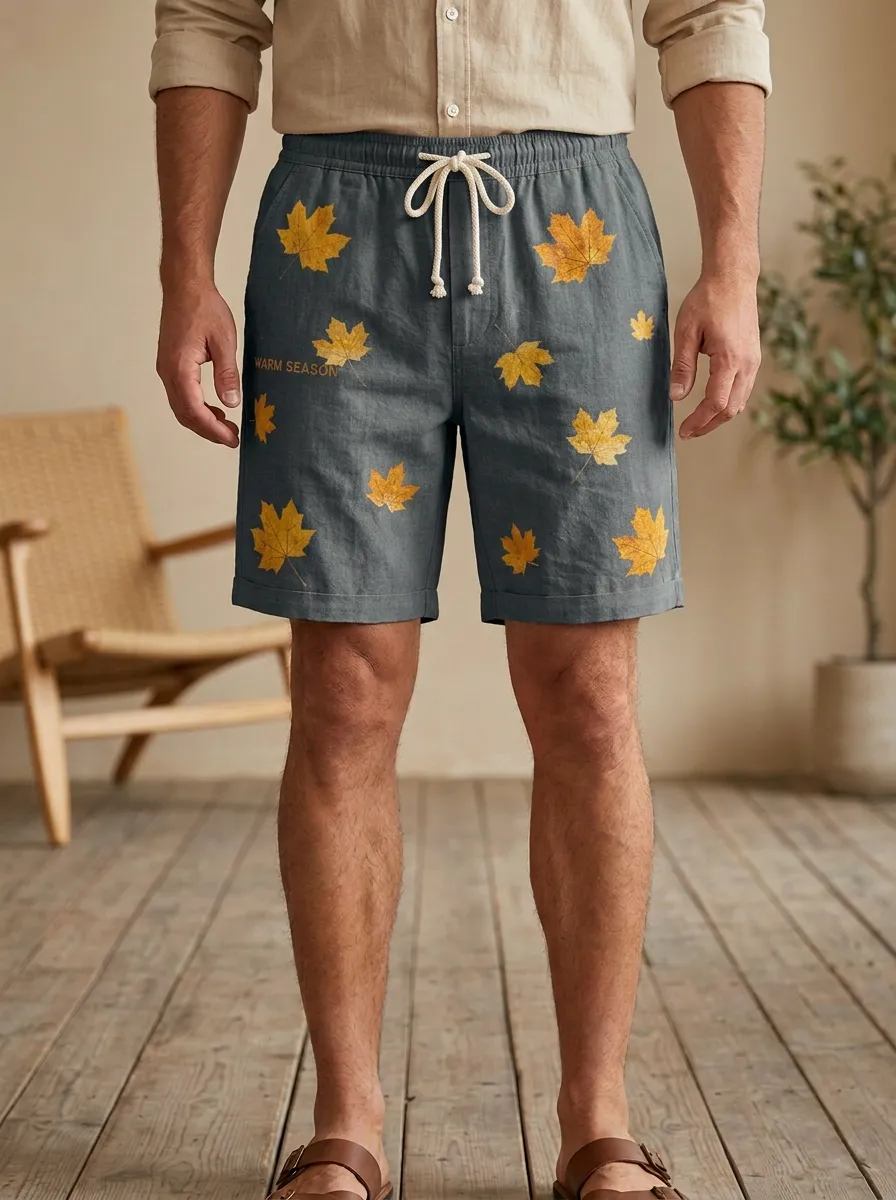 Maple Leaf Print Drawstring Accented Shorts