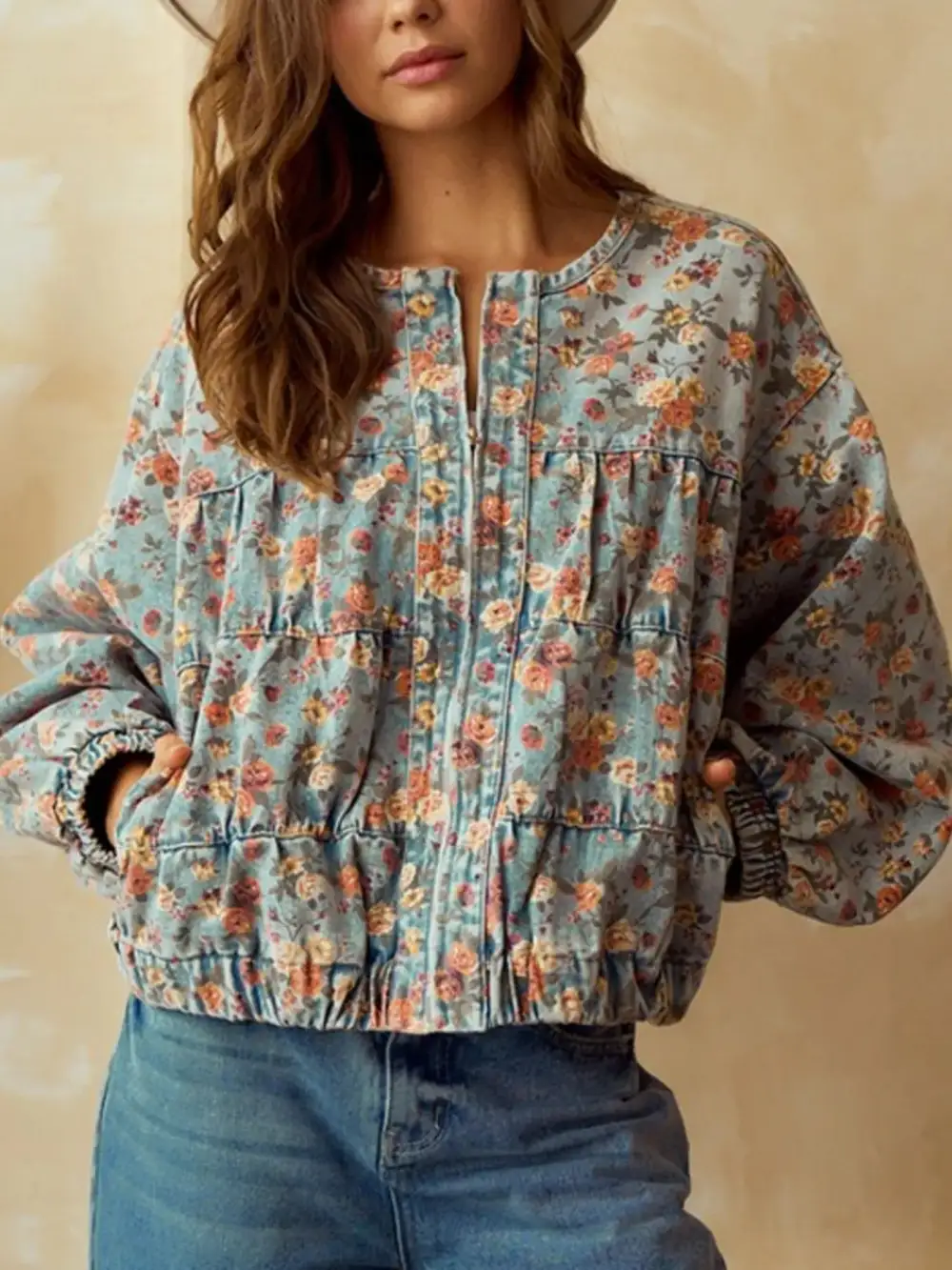 Floral Print Zip Up Cropped Jacket