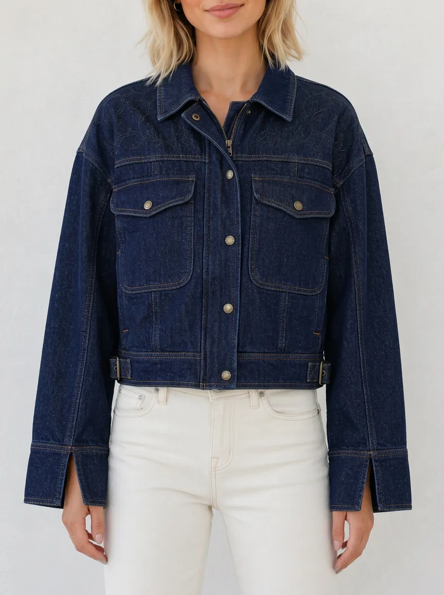 Women's Western Floral Embroidery Dark Denim Printed Jacket