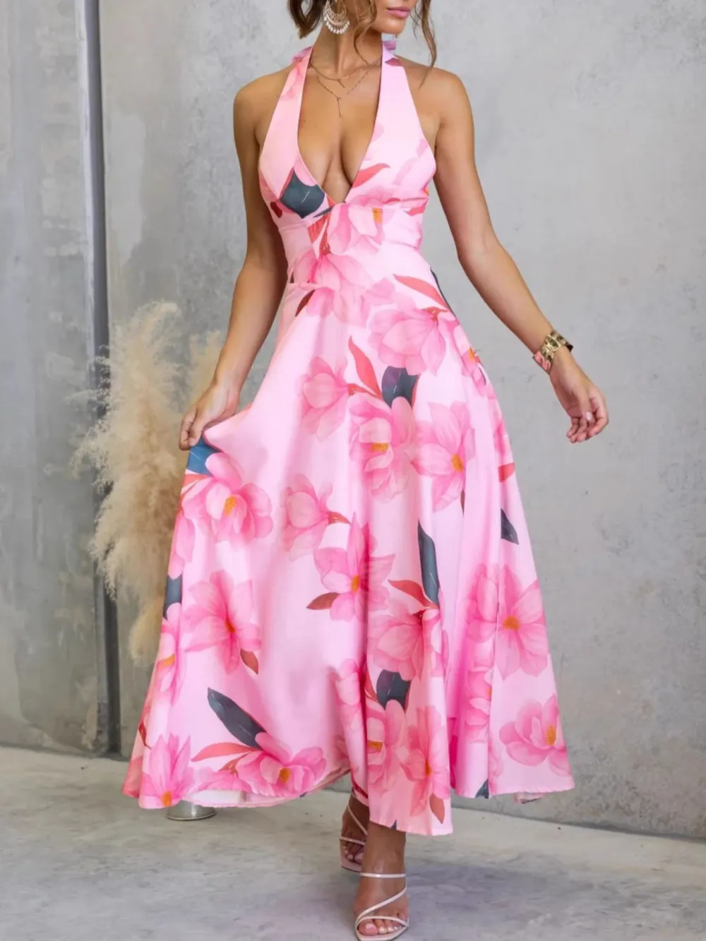 Casual Floral Print Halter Neck Maxi Dress