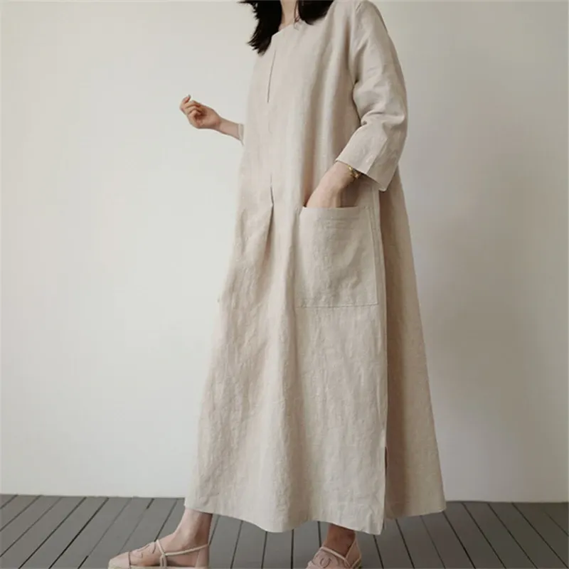 Linen Blend Cotton Blend Maxi Button Detail Dress
