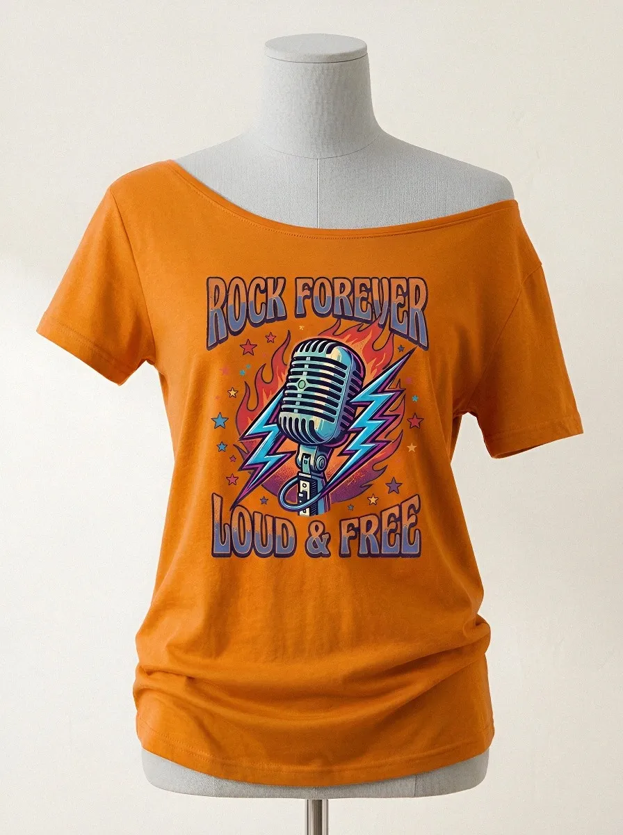 Women's Rock Music Lover Microphone Fire Lightning Printed T-shirt