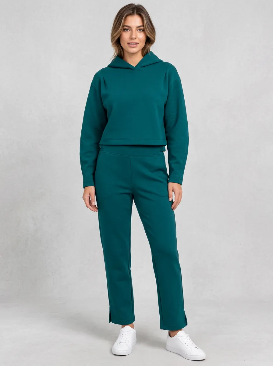 Women's Solid Dark Green Casual Hoodie and Pants Set
