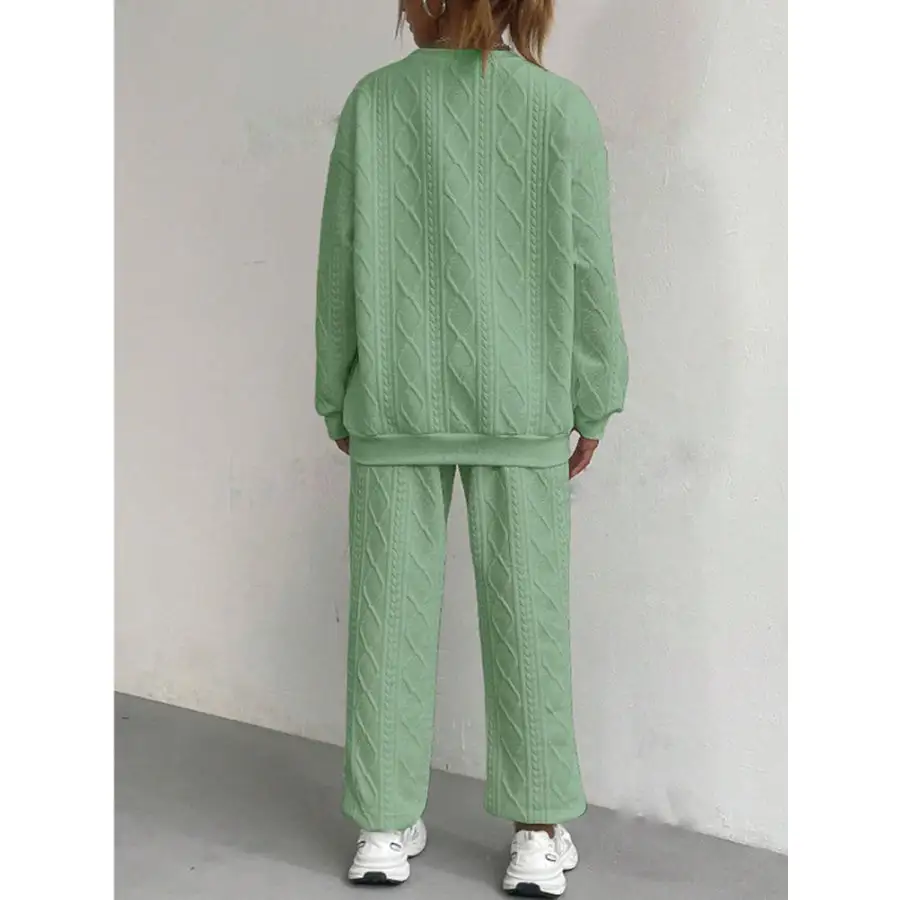 Relaxed Texture Round Neck Top and Pants Set