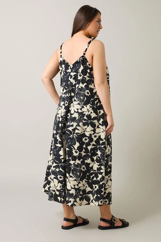 Black Floral Print Pleat Front Linen Dress detail 3