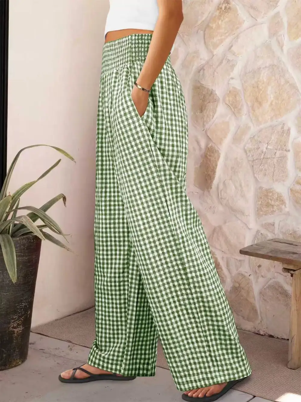 Classic Gingham High Waisted Wide Leg Pants