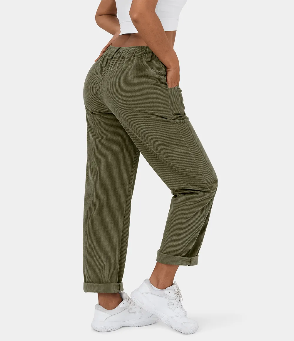 Mid Rise Button Zipper Side Pocket Corduroy Casual Pants