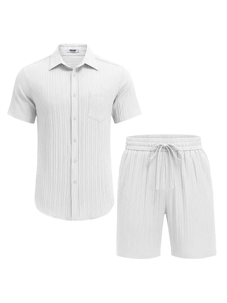 Casual Textured Shirt Shorts Vacation Set